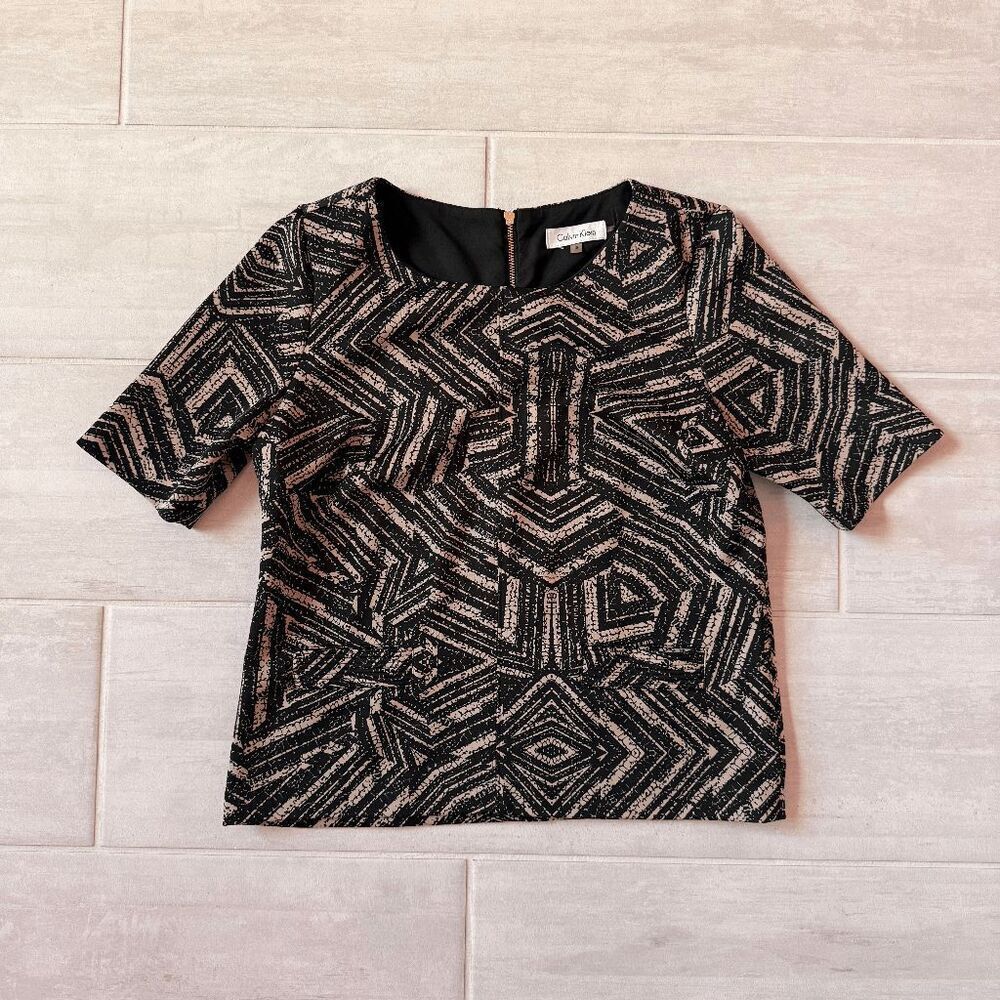 Calvin Klein Blouse Short Sleeve Top Patterned Gold Zip Front Pockets Scuba S